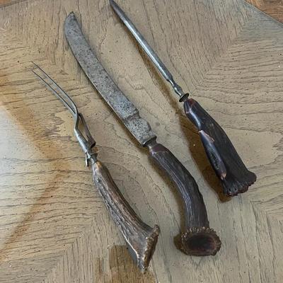 1850’s 1860’s Fancy Horn Handles, Knife, Sharpener Rod, Pronged Fork