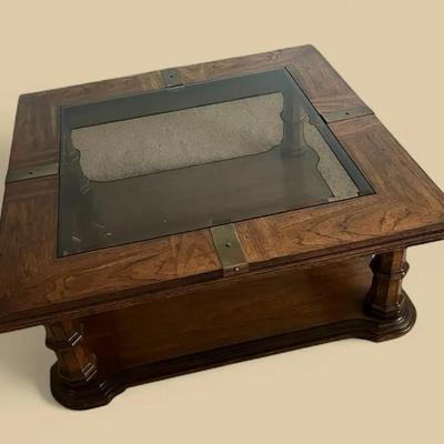 Vintage Mid Century Wood & Beveled Glass Coffee Table