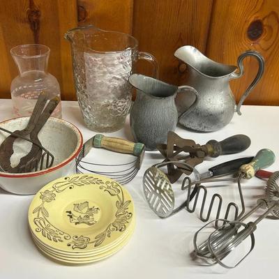 Vintage Kitchen Utensils Including Fantasia Crystal Pitcher