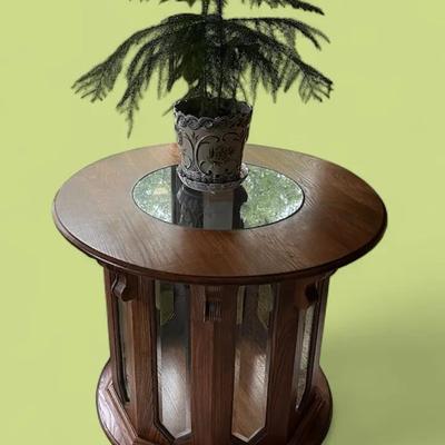 MCM Round Wood Glass Table, Norfolk Island Pine & Cachepot