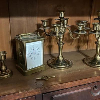 Heavy Brass V J Magnin Guedin Carriage Clock, Candelabras & Candlesticks