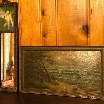 “Boy and Rabbit” Framed Mirror & Coastal Landscape Painting On Canvas