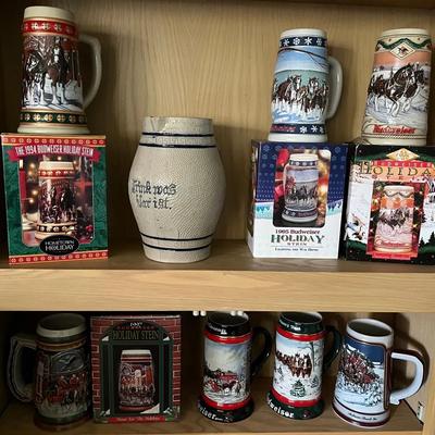 German Salt Glaze Pitcher & 7 Budweiser Steins 