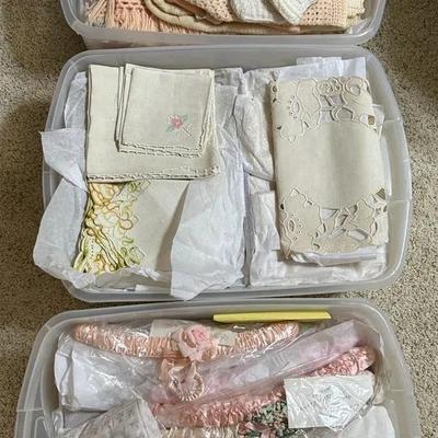 Mystery Lot Of Embroidered Linens, Baby Clothes & Blankets (3 Totes)