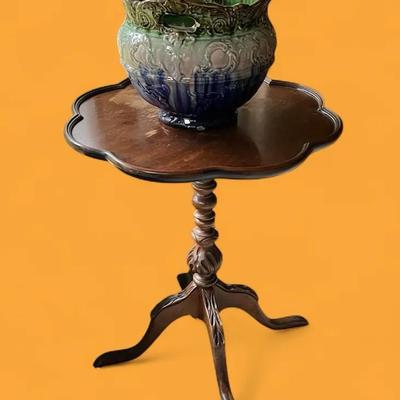 Queen Anne Style Pie Crust Table + Majolica Jardiniere Planter