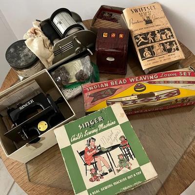 1940’s Child’s Printing Press, Bingo Machine, Real Singer Sewing Machine & Indian Bead Loom Set