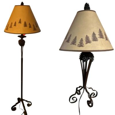 Pair Of Rust Iron Table & Floor Lamp With Pine Tree Shade