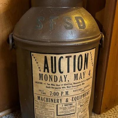 Antique Milk Can With Auction Advertisement