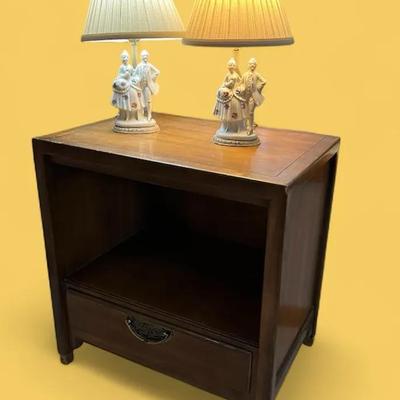 Vintage Porcelain Figural Table Lamp Pair + Century End Table