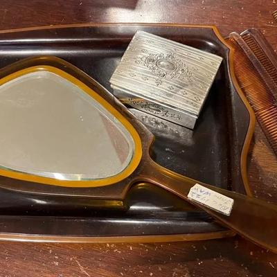 Vintage Art Deco Bakelite/Celluloid Vanity Tray & Mirror, Trinket Box + More