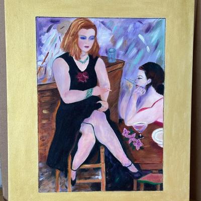 Vibrant Impressionist Oil Painting of Two Women at a Bar