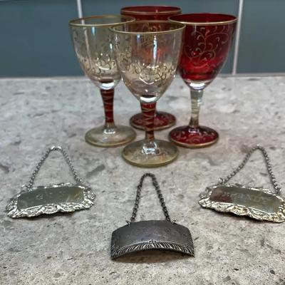 Williamsburg Stieff Sterling Bottle Tag/Cordial Glasses 