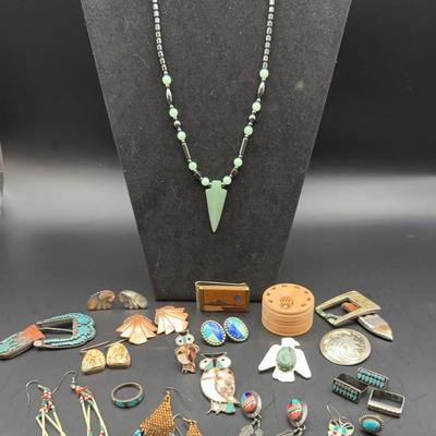 Native American Jewelry, Money Clip, Trinket Box And Buckle Pieces - Turquoise, Silver, Jade