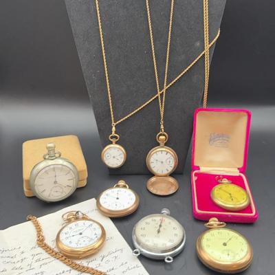 Collection Of 8 Antique Pocket Watches With Three Chains - Beautiful!