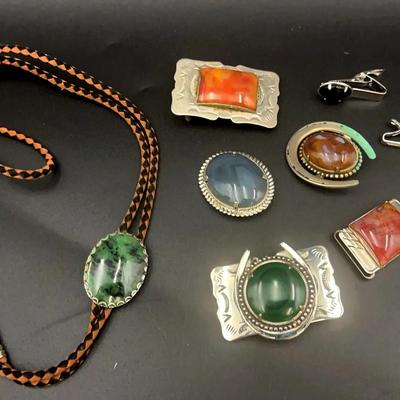Bolo  Green stone, Silver Tone Belt Buckles, Tie Clips