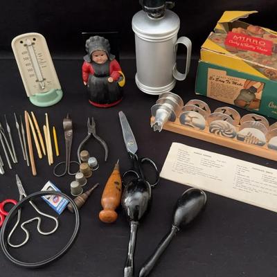 Vintage "Mirro Cooky and Pastry Press", Vintage Thermometer, Metal Napkin Holder, Knitting Needles