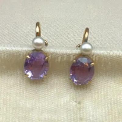 Gorgeous Amethyst And Pearl Gold Dangle Earrings With Screw backs 