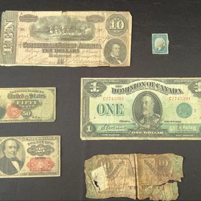 Lot of Civil War Era Currency Banknotes, Dominion Of Canada Banknote, G. Washington Stamp