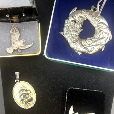 Inuit signed pin, pewter pins, necklace and ship pendant