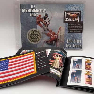 U.S. Commemorative Coin And Stamp Set Celebrating The 1988 Olympics;USPS Old Glory Stamp Sets