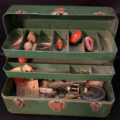 Vintage Tackle Box With Lures, Reels, Hooks, Bobbers