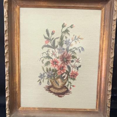 Beautifully Framed Needlepoint of Bouquet In Vase