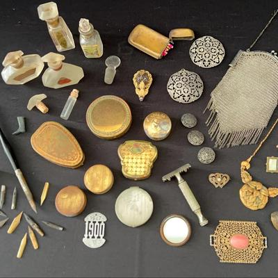 Vintage Collection of Compacts, Perfume Bottles, Calligraphy Nibs and Staff, Razor, Buttons, Purse