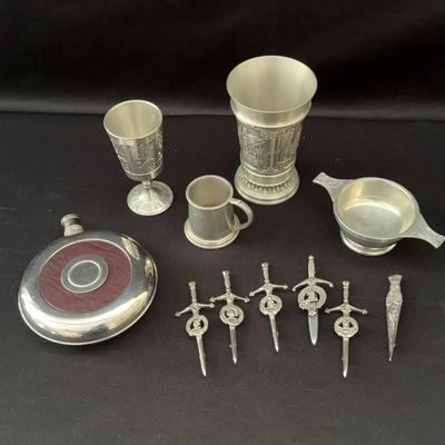 Scottish Kilt Pins, Scottish Two Handled Quaich, Flask, German Goblets 