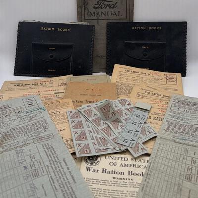 War Ration Books, Stamps, Fuel Oil Ration Coupons and Antique Ford Manual