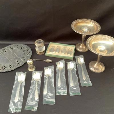 Sterling Silver Compotes, Toothpick  Holder, Iced Teaspoon Coasters, Sporks And Silver Plated Trivet