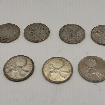 Twenty-five Cent Coins: George V, Date Unknown; George VI, 1938,1940,1952; Elizabeth 1956,1962,1968
