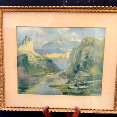 Antique Frames Print - Cabin on a River With Mountain Landscape