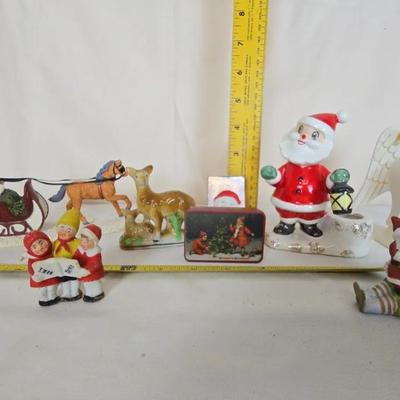 Vintage Bisque & Porcelain Figures. Matchbook With Santa & Seasons Greetings Small Tin