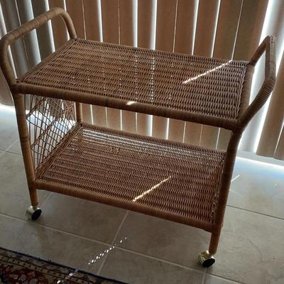 Wicker 2 Shelf Cart On Wheels