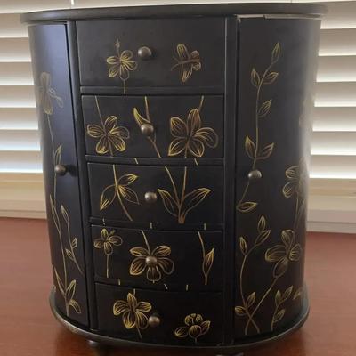 Black Tabletop Jewelry Box With Painted Gold Flowers