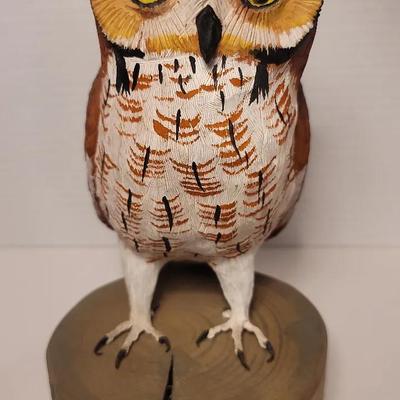Bob Lee Owl Hand Carved Wood with Glass Eyes Signed Florida Artist
