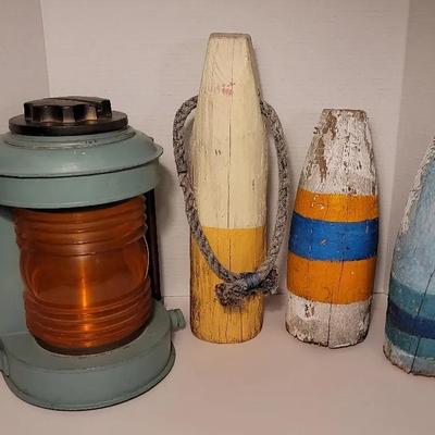 Nautical Decor Lot, Perko Ship Light, 3 Wood Bouys 