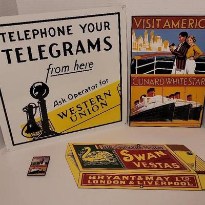 Porcelain & Metal Signs, Western Union, Cunard White Star, Swan Matches, Plus Bonus Fridge Magnet