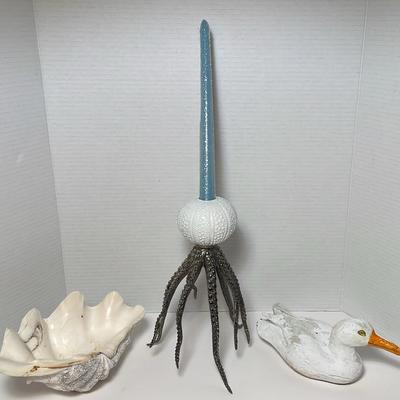 Clam Shell, Octopus Urchin Candle Holder And Wood Bird