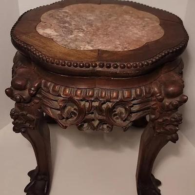 Ornate Wood Table with Marble Top & Lion Paw Feet