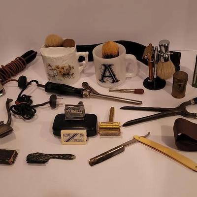 Old Barber Collection Lot, Razor, Sharpener, Mugs, Clippers, & More