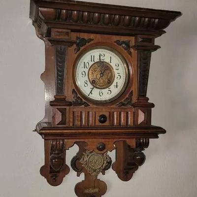 German Clock with Key Working Wood and Glass Case #1