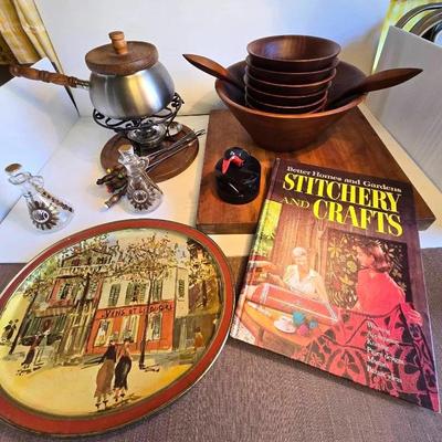 Vintage Kitchen; Fondue Pot, Burl Walnut Bowl, George's Briard
