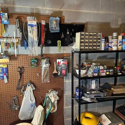 Shop Supplies Lot + Corner Shelving Unit 