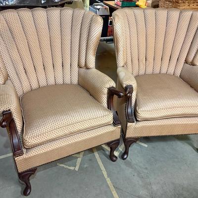 Pair Of Berkeley Upholstery Co. Queen Anne Style Channel Back Armchairs 