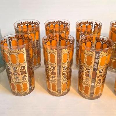 8 Vintage Culver Highball Glasses W 22k Gold, Libbey Hotel Glasses