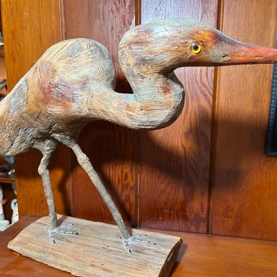 Hand-Carved And Signed Wood Sculpture Of A Crane 