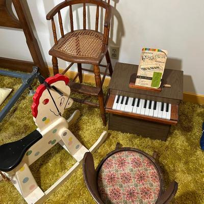 Vintage Children’s Piano, Rocking Horse, Chair And Antique High Chair 