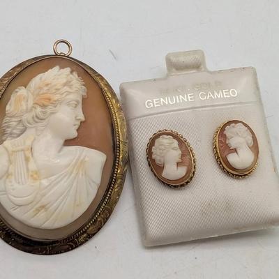 Cameo Brooch / Pendant & 14K Gold Cameo Earrings 