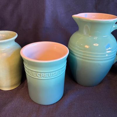 Le Creuset Pitcher, Utensil Crock & Vintage Vase